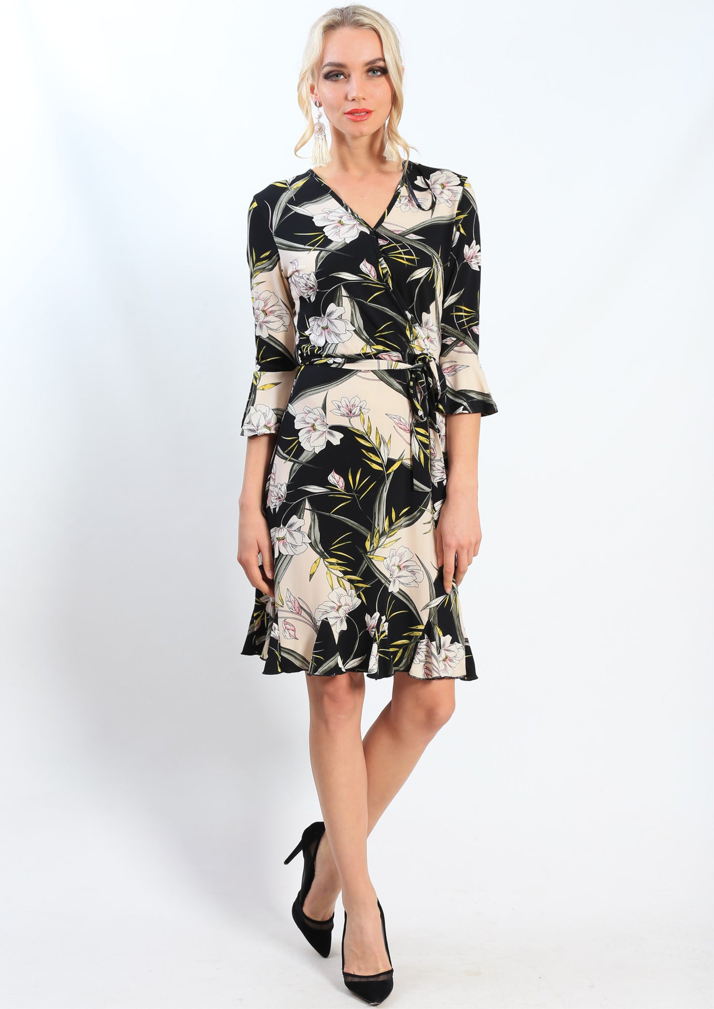 HS0253-16TB Floral Warp Dress With Ruffle Sleeve (Pack)
