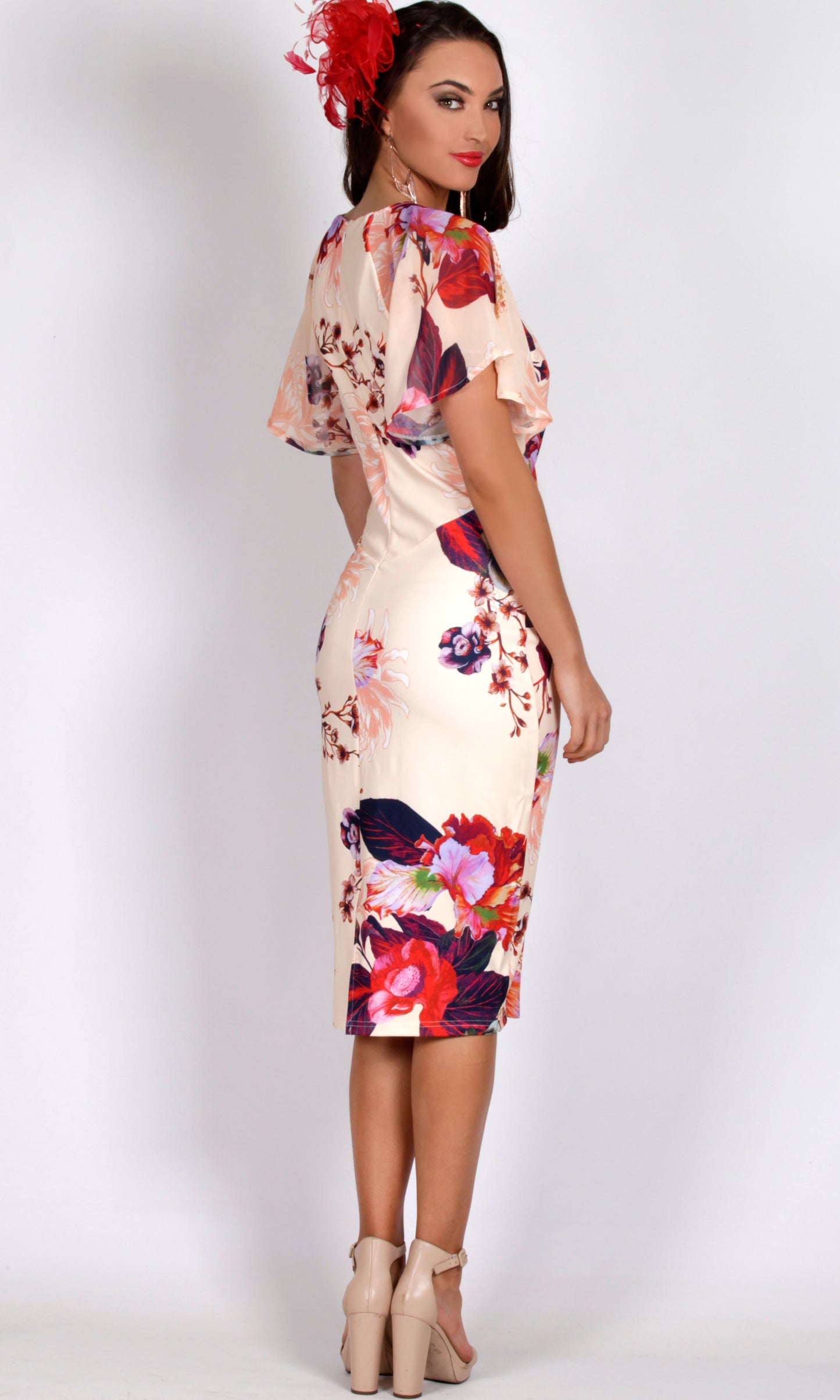 VS7236TB Peach blossom body con with flutter sleeves midi dress (Pack)